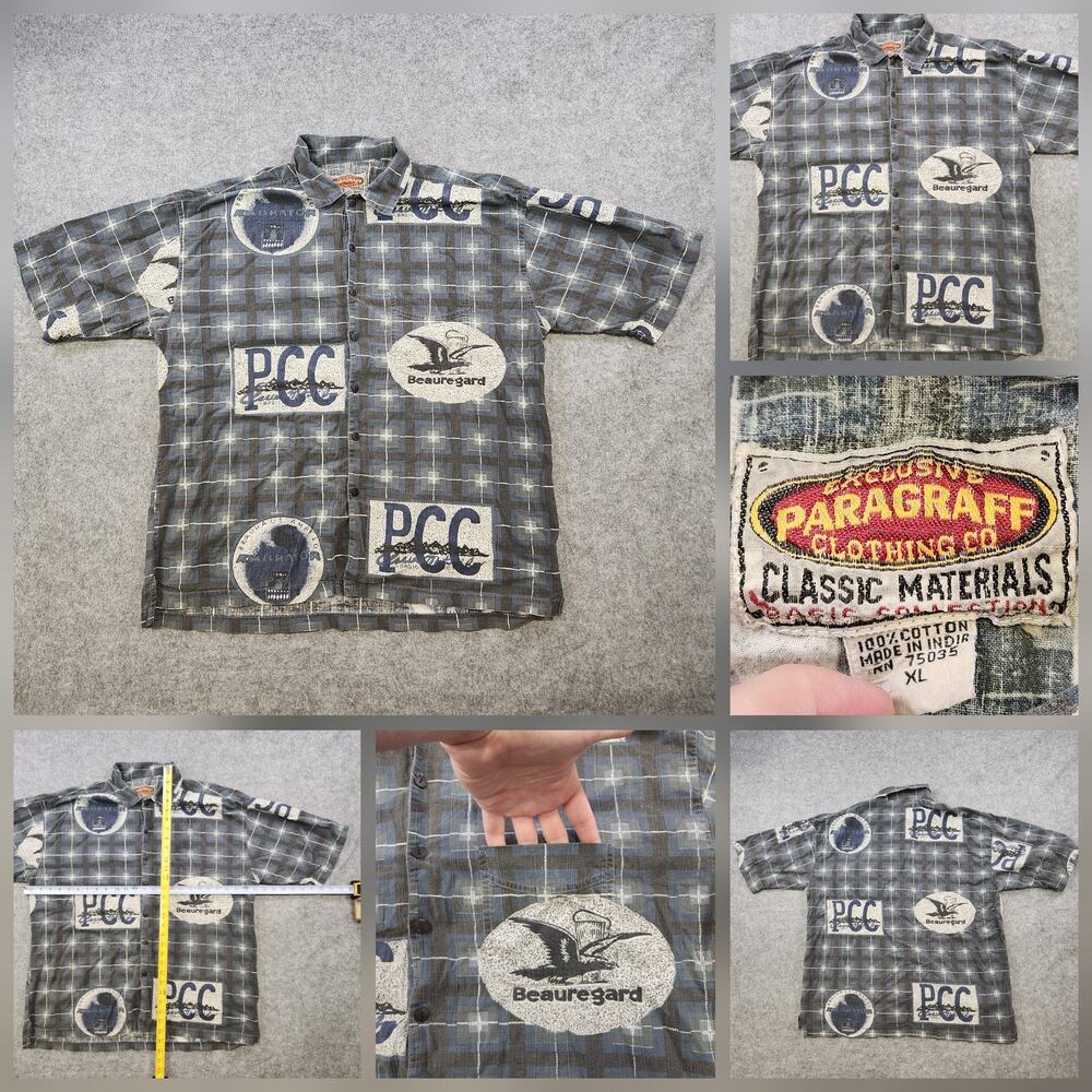 VTG Paragraff T Shirt Mens XL Plaid Beauregard PCC Graphic Pocket Button Down Up